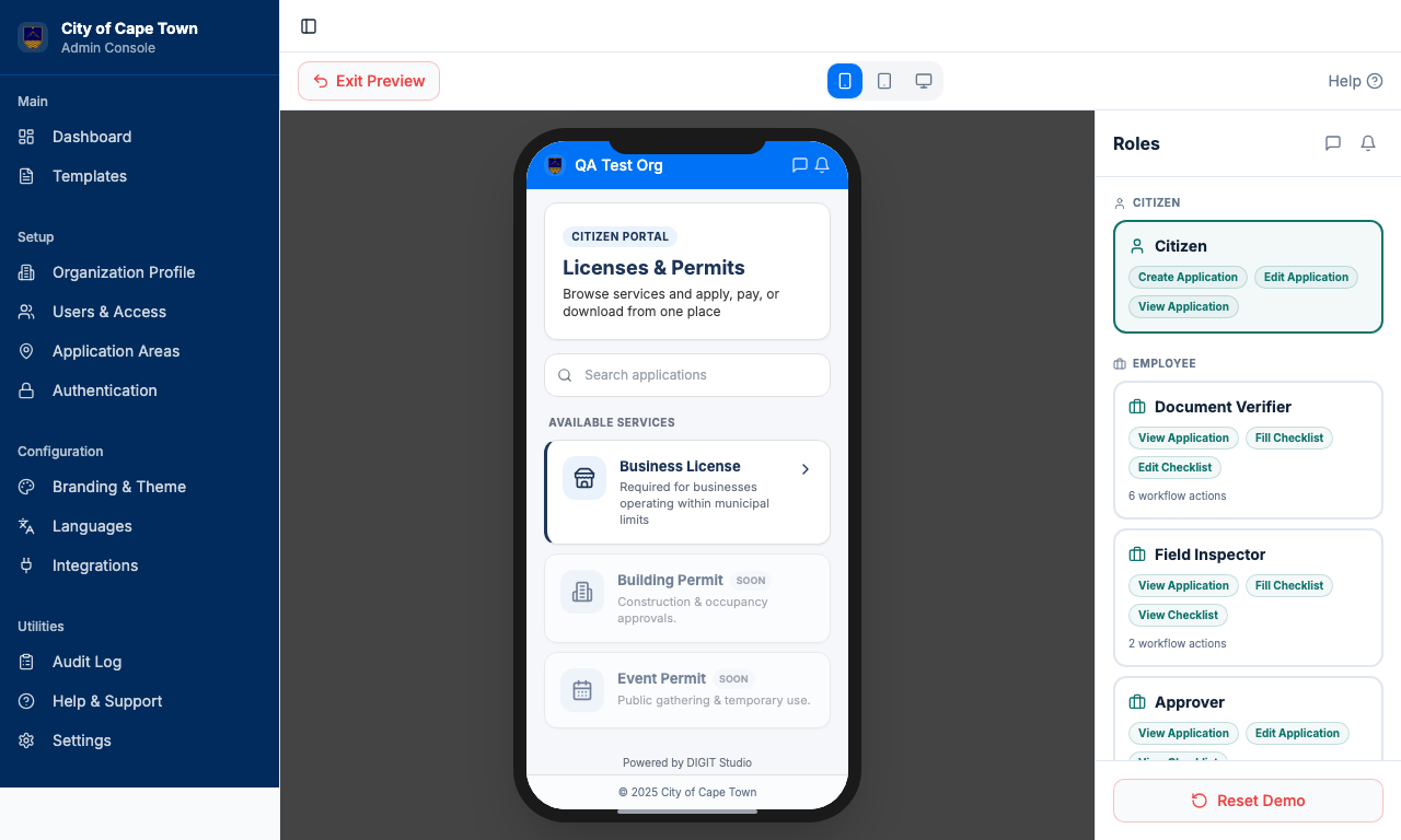 Citizen portal showing license application form and status tracking