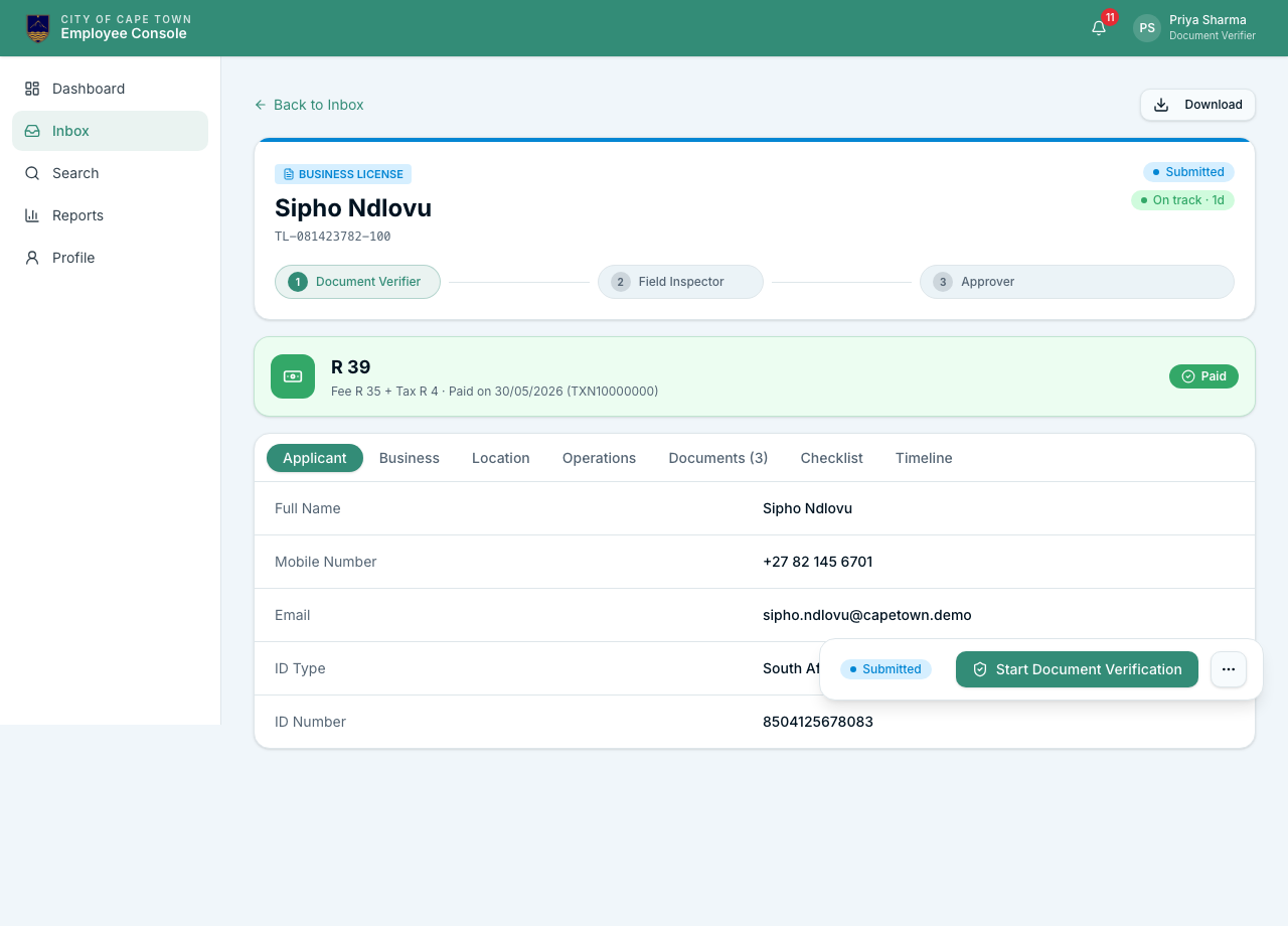 Employee portal inbox showing applications awaiting review